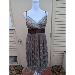 Necessary Objects Brown Blue Lace Empire Waist Knee Length Y2K Dress Large